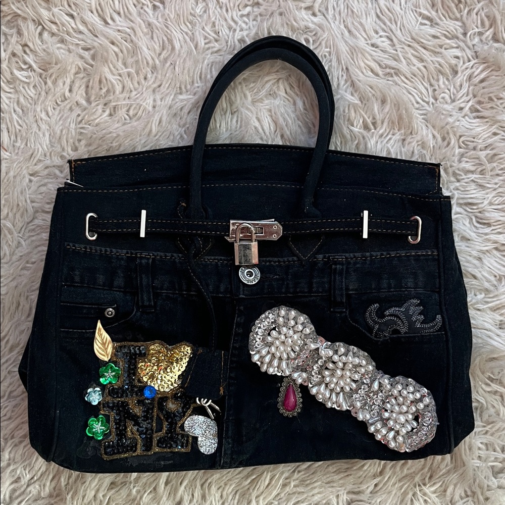 Embellished Black Handbag with Rhinestone Accents